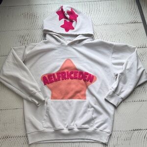 Aelfric Eden White Hoodie with Pink Lettering and Peach Star